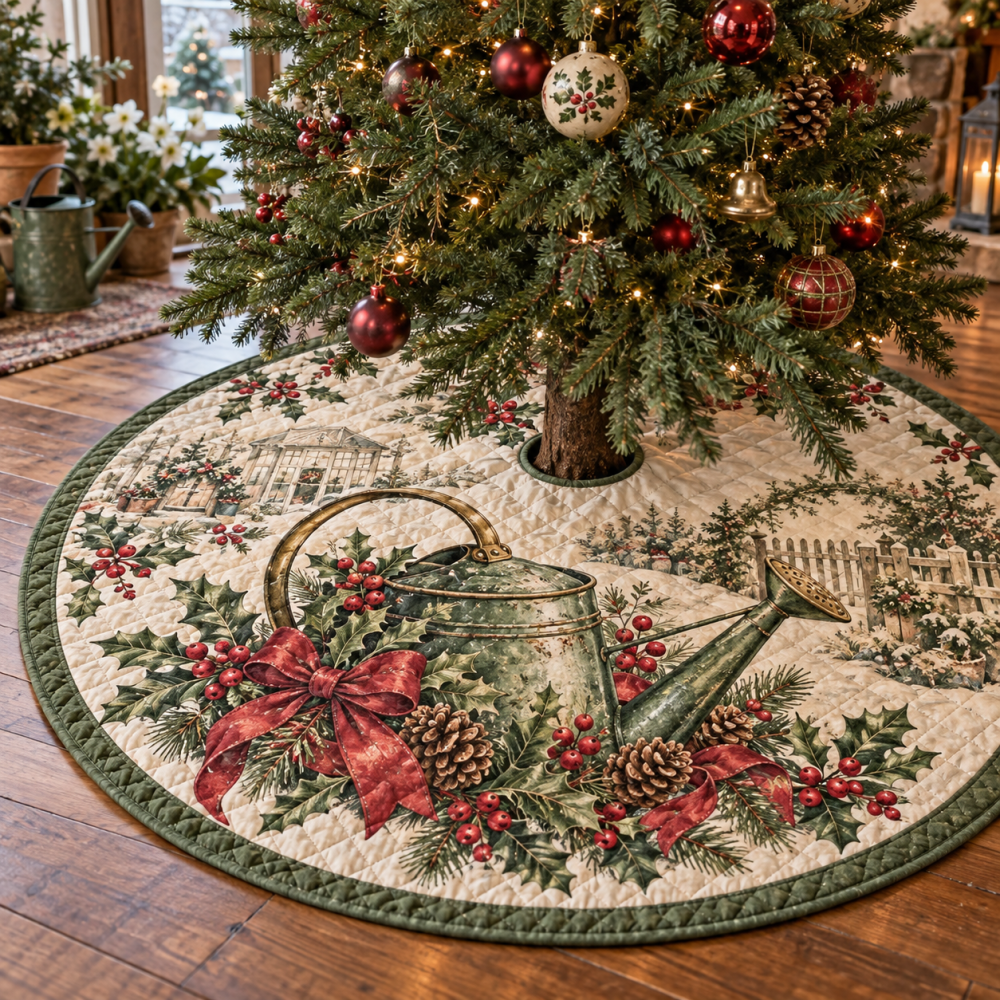 Plush Quilted Tree Skirt With Watering Can Graphic - Charming Christmas Tree Base Cover, Soft Holiday Accent, Easy-Care