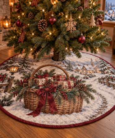 48-Inch Quilted Christmas Tree Skirt With Wicker Basket Pattern — Cozy Holiday Tree Skirt, Durable, Reversible & Easy-Care