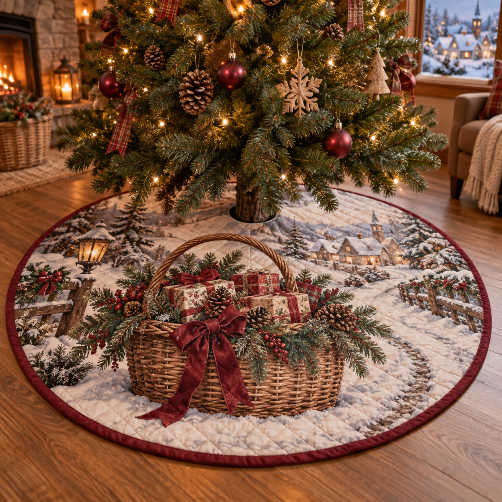 48-Inch Quilted Christmas Tree Skirt With Wicker Basket Pattern — Cozy Holiday Tree Skirt, Durable, Reversible & Easy-Care