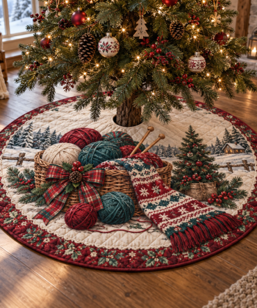 Holiday Yarn Quilted Christmas Tree Skirt — Knitting & Yarn Lover Holiday Décor, Cozy Quilted Cotton-Blend, Perfect Gift For Crafters