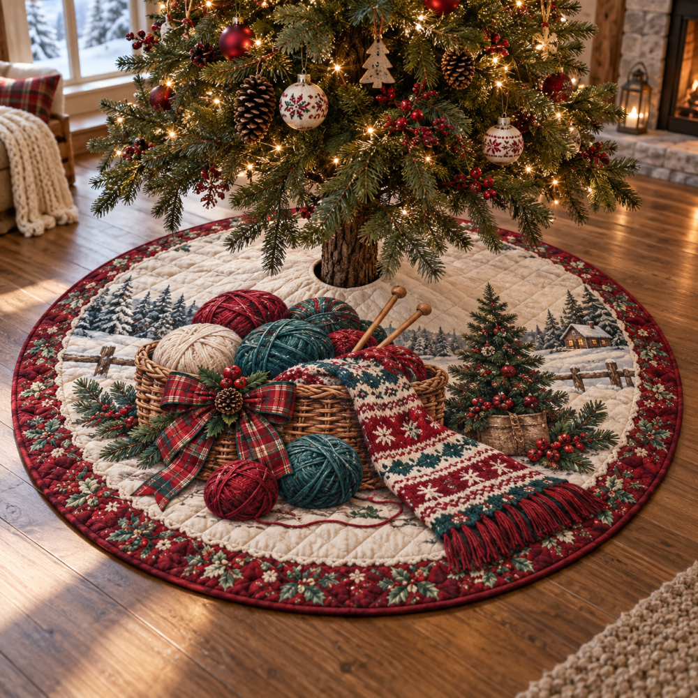 Holiday Yarn Quilted Christmas Tree Skirt — Knitting & Yarn Lover Holiday Décor, Cozy Quilted Cotton-Blend, Perfect Gift For Crafters
