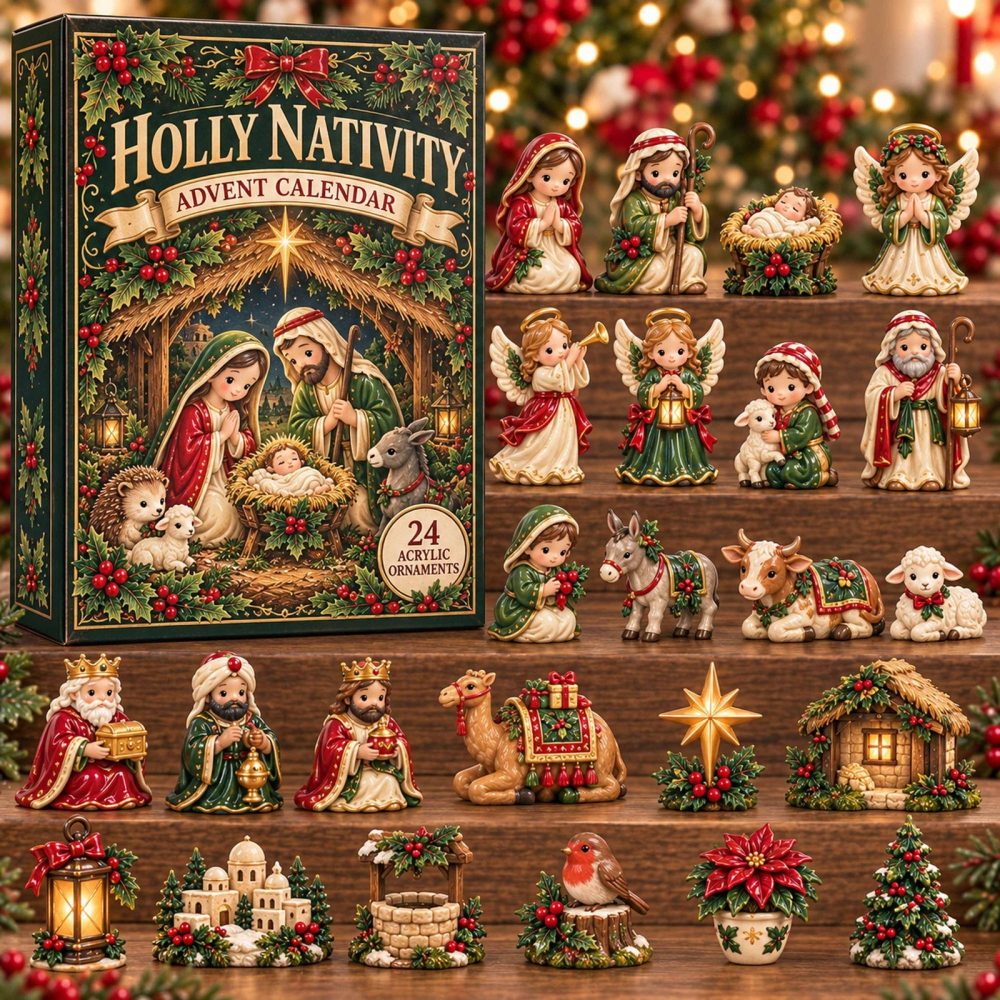 2026 Festive Holly Nativity 24-Day Advent Kit - Acrylic Charm Countdown Garland, Traditional Christmas Nativity Gift Set