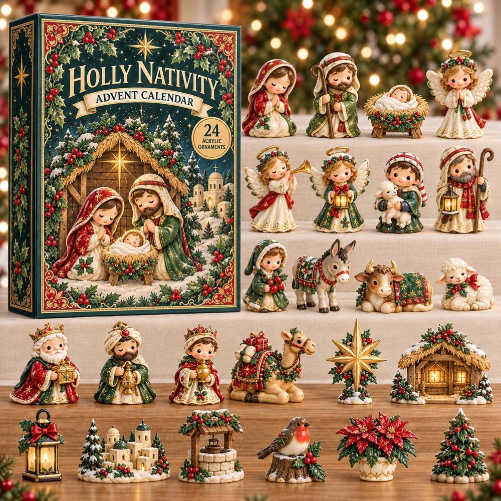 2026 Holly Red Nativity Advent Countdown - 24-Day Acrylic Charm Garland, Festive Christmas Decor & Gift-Ready Holiday Calendar