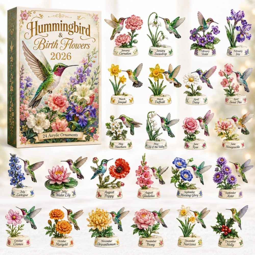 2026 Hummingbird & Birth Flowers Advent Calendar – 24-Day Acrylic Charms Countdown, Personalized Floral Keepsakes