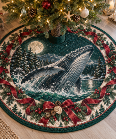 Humpback Whale Heritage Quilted Christmas Tree Skirt — 48" Round Premium Coastal Holiday Decor, Plush Lining, Machine-Washable, Gift-Ready