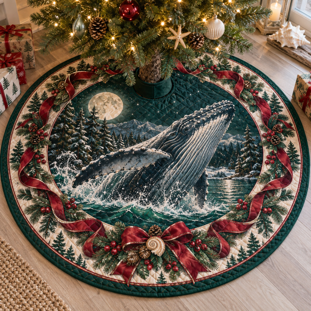 Humpback Whale Heritage Quilted Christmas Tree Skirt — 48" Round Premium Coastal Holiday Decor, Plush Lining, Machine-Washable, Gift-Ready
