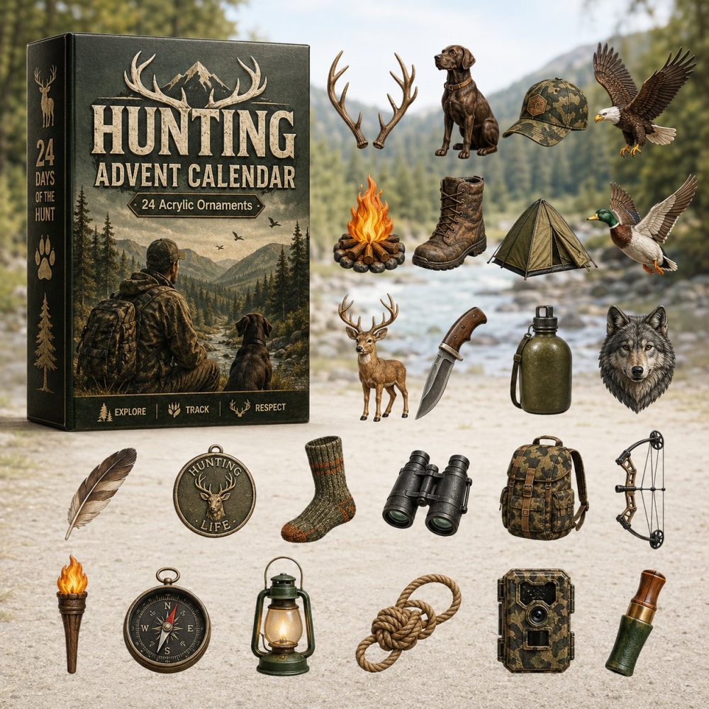 2026 Hunting Gear Advent Countdown — 24-Day Acrylic Charm Calendar For Anglers & Hunters, Tactical Gift & Cabin Decor