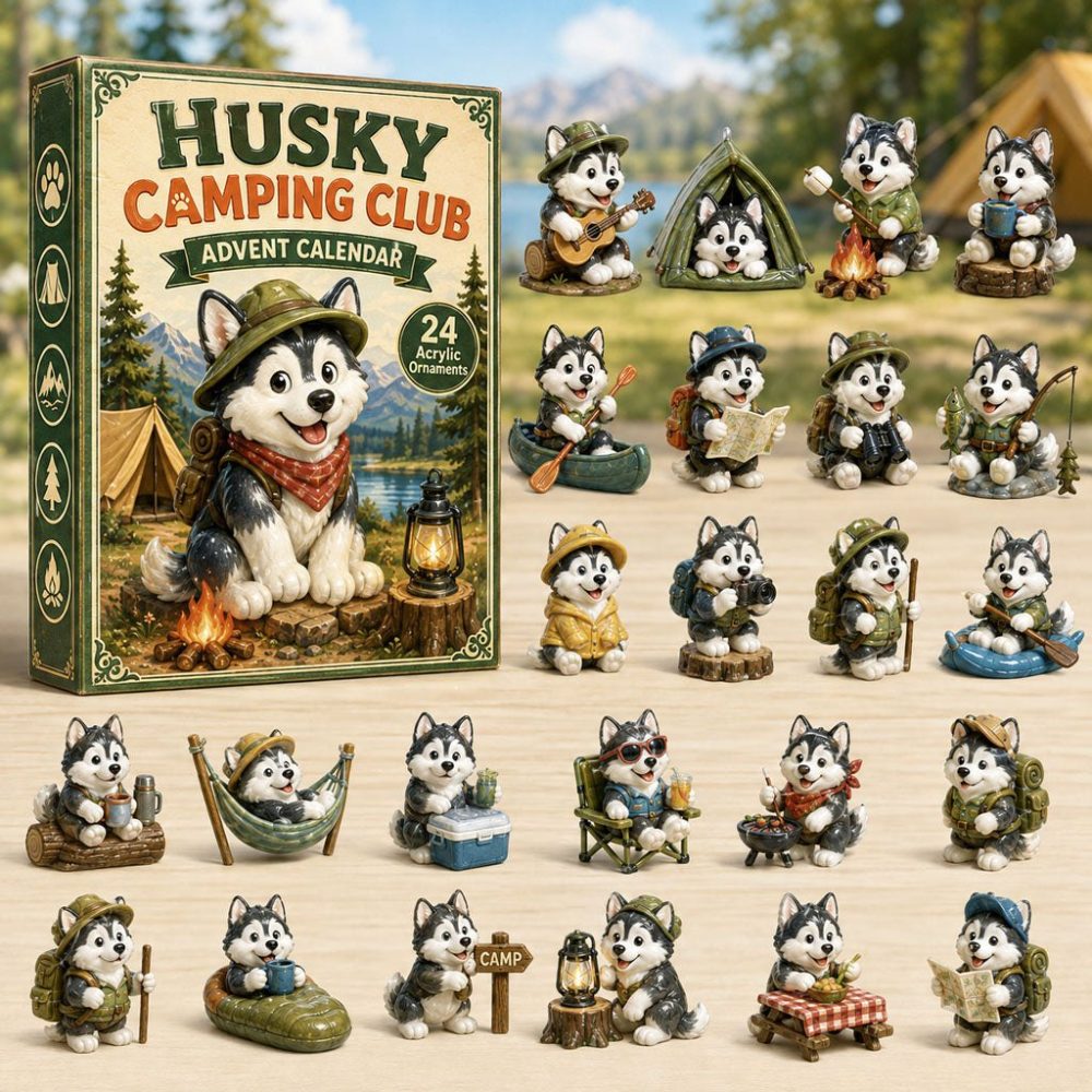 Husky Camping Club 2026 Advent Calendar — 24 Acrylic Charms, Outdoor-Themed Countdown Gift For Adventurous Dog Lovers