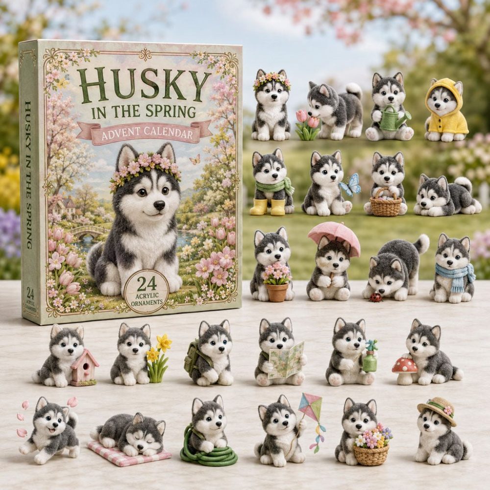 2026 Husky In The Spring 24-Day Advent Calendar With Premium Acrylic Charms - Blooming Husky Countdown Gift For Nature & Dog Lovers
