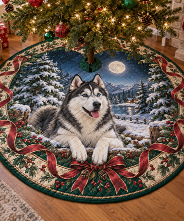 Husky Quilted Winter Tree Skirt — Cozy Plush Christmas Base, Durable & Stain-Resistant, Easy Fit, Perfect Gift For Husky Owners