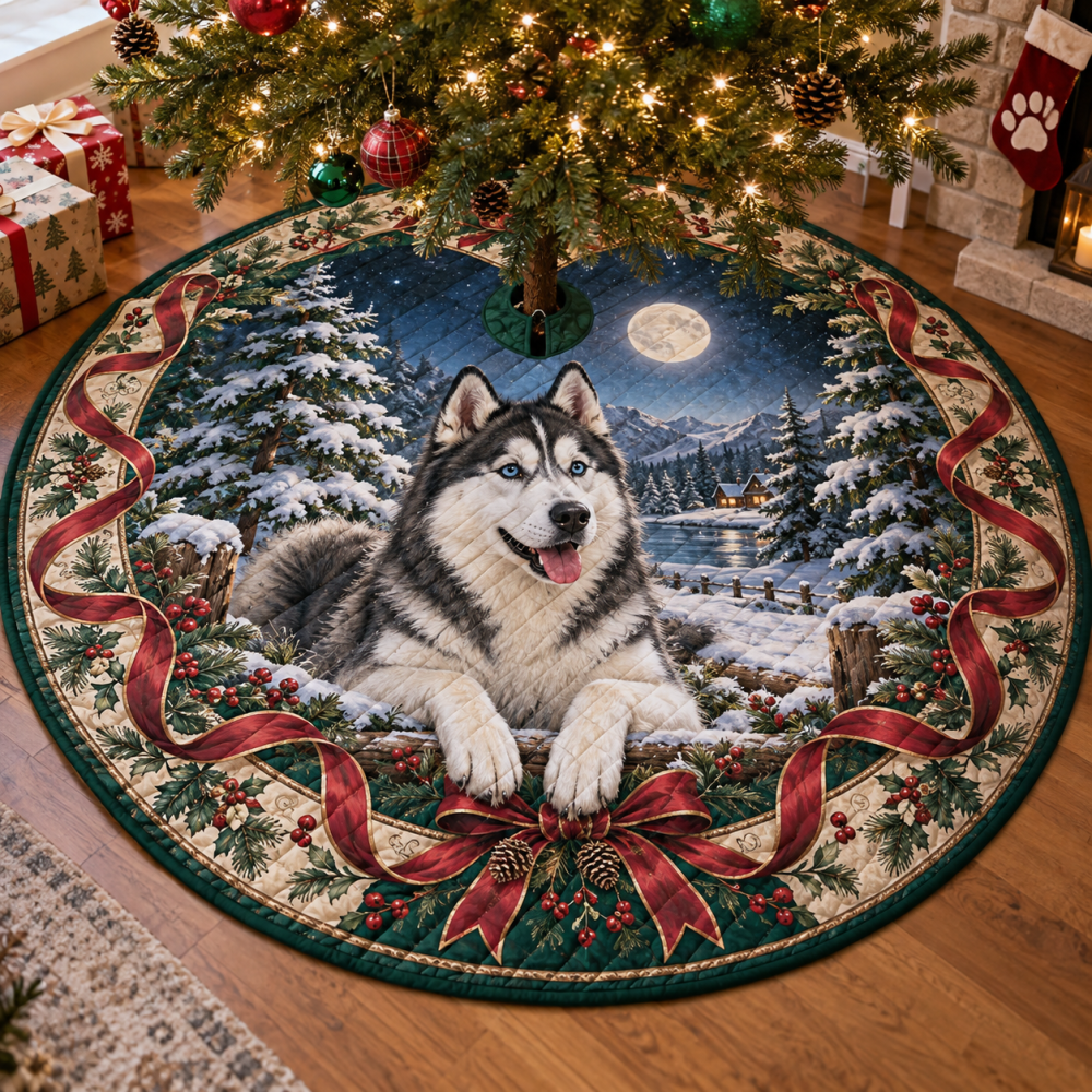 Husky Quilted Winter Tree Skirt — Cozy Plush Christmas Base, Durable & Stain-Resistant, Easy Fit, Perfect Gift For Husky Owners