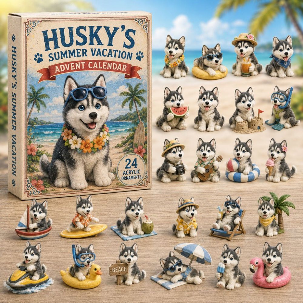 2026 Husky Summer Vacation 24-Day Advent Calendar With Premium Acrylic Charms - Sunny Husky Countdown Gift For Pet Fans & Travelers