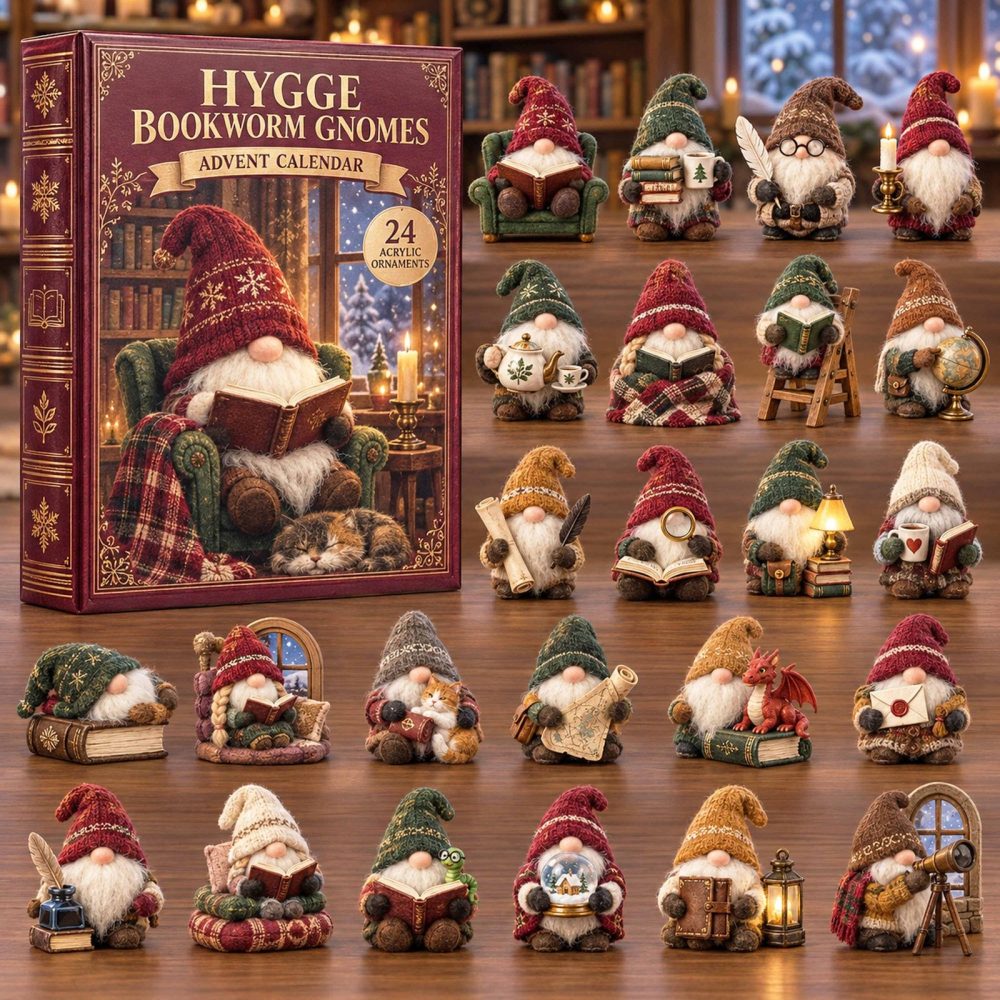 Hygge Bookworm Gnomes 24-Day Acrylic Charm Countdown — Cozy Reading-Themed Advent Calendar For Book Lovers & Quiet Holiday Moments