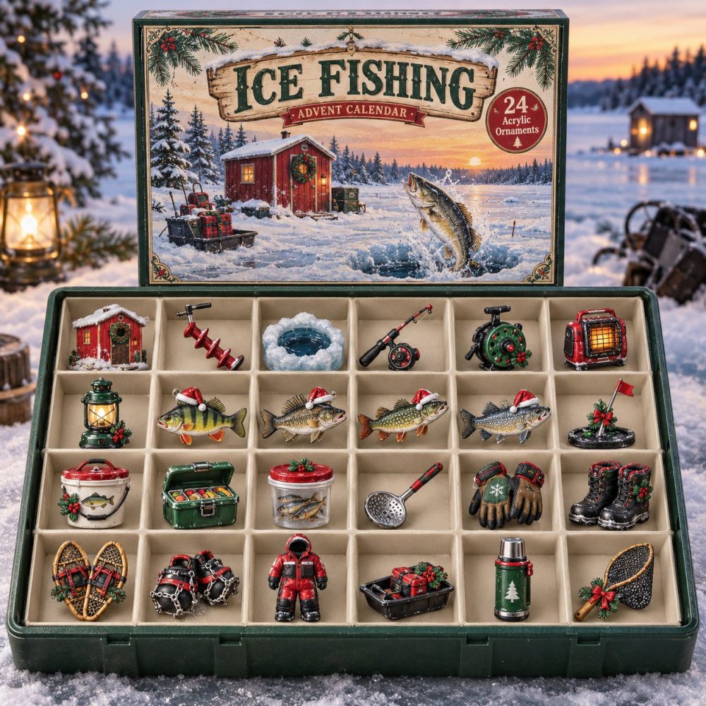 Red Shanty Ice Fishing Countdown - 24-Day Winter Advent Calendar With 24 Acrylic Charms, Ice-Fishing Themed Holiday Gift