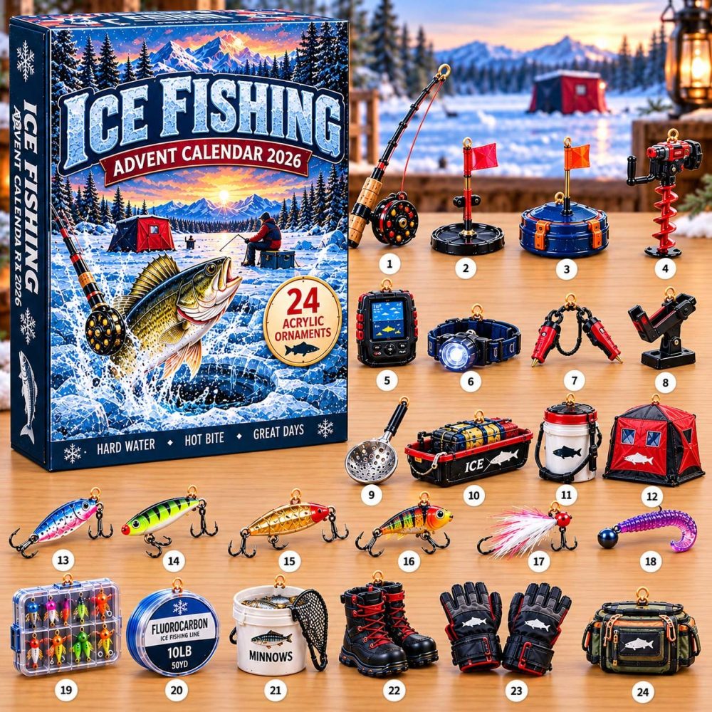 Ice Fishing Holiday Advent Calendar 2026 — 24-Day Winter Countdown With Acrylic Fishing Charms, Outdoorsman Gift Idea