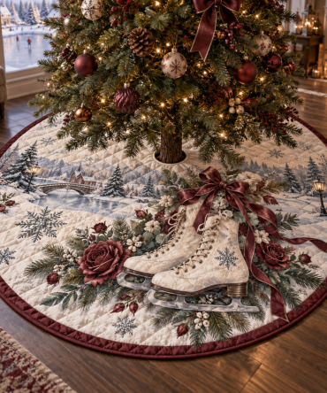 Ice Skate & Roses Quilted Christmas Tree Skirt — Elegant Skating-Themed Holiday Décor, Floral & Blade Appliqués, Soft Quilting, Perfect For Ice-Lovers