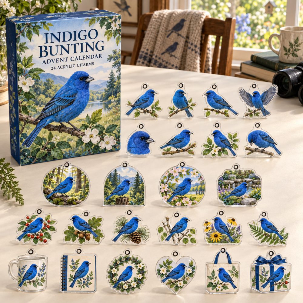 Indigo Bunting Advent Calendar — 24 Blue Bird Acrylic Charms, Birdwatcher Gift Set & Holiday Countdown 2026