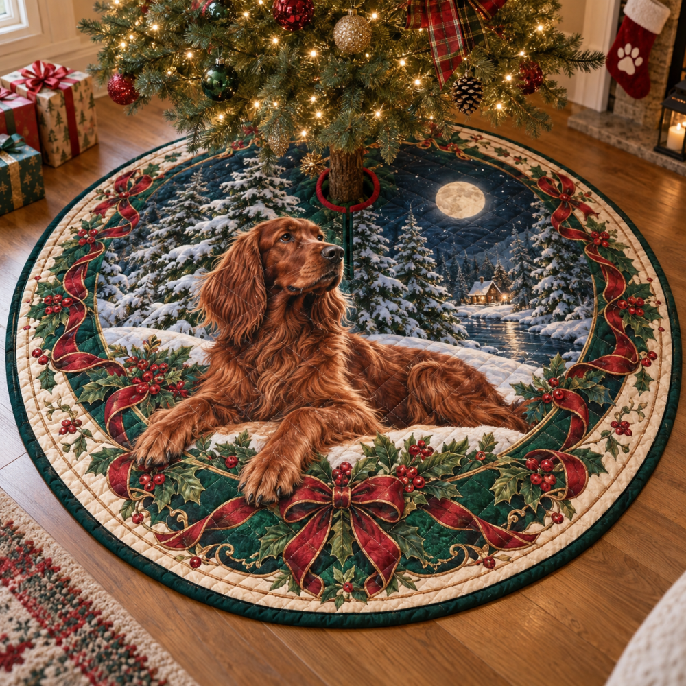 Irish Setter Quilted Holiday Tree Skirt — Luxurious Plush Christmas Base, Stitched Detail, Fits Most Trees, Ideal For Breed Enthusiasts