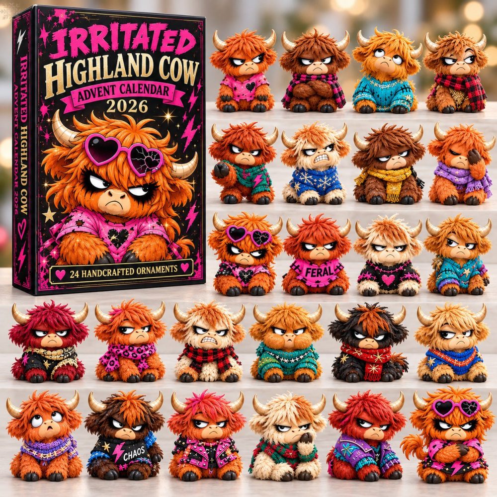2026 Irritated Highland Cow Countdown Calendar – 24-Day Acrylic Charms, Funny Scottish Cow Holiday Gift & Ornament Set