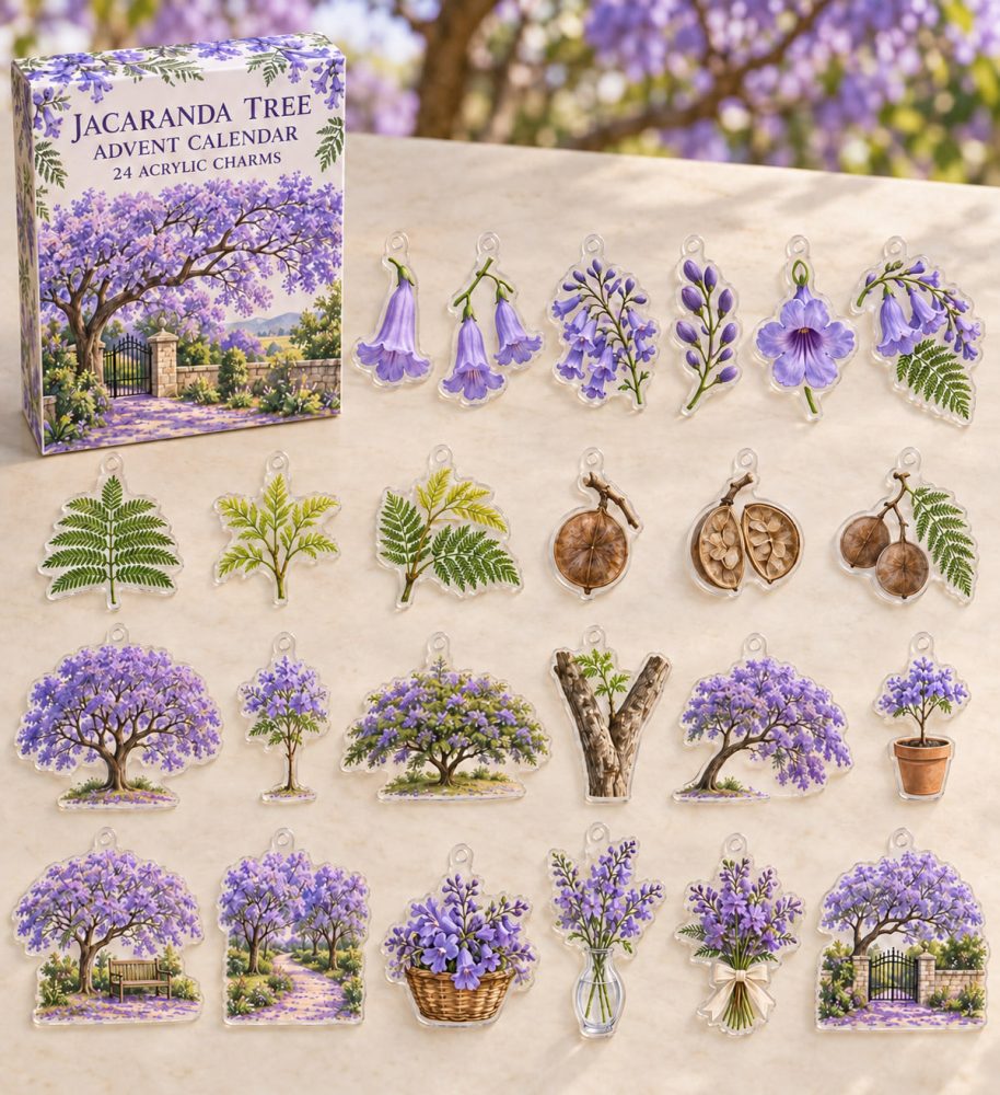 Jacaranda Tree 24-Day Floral Charm Box - 24 Acrylic Flower & Tree Mini Charms, Colorful Advent Gift For Gardeners, Botanists & Plant Fans