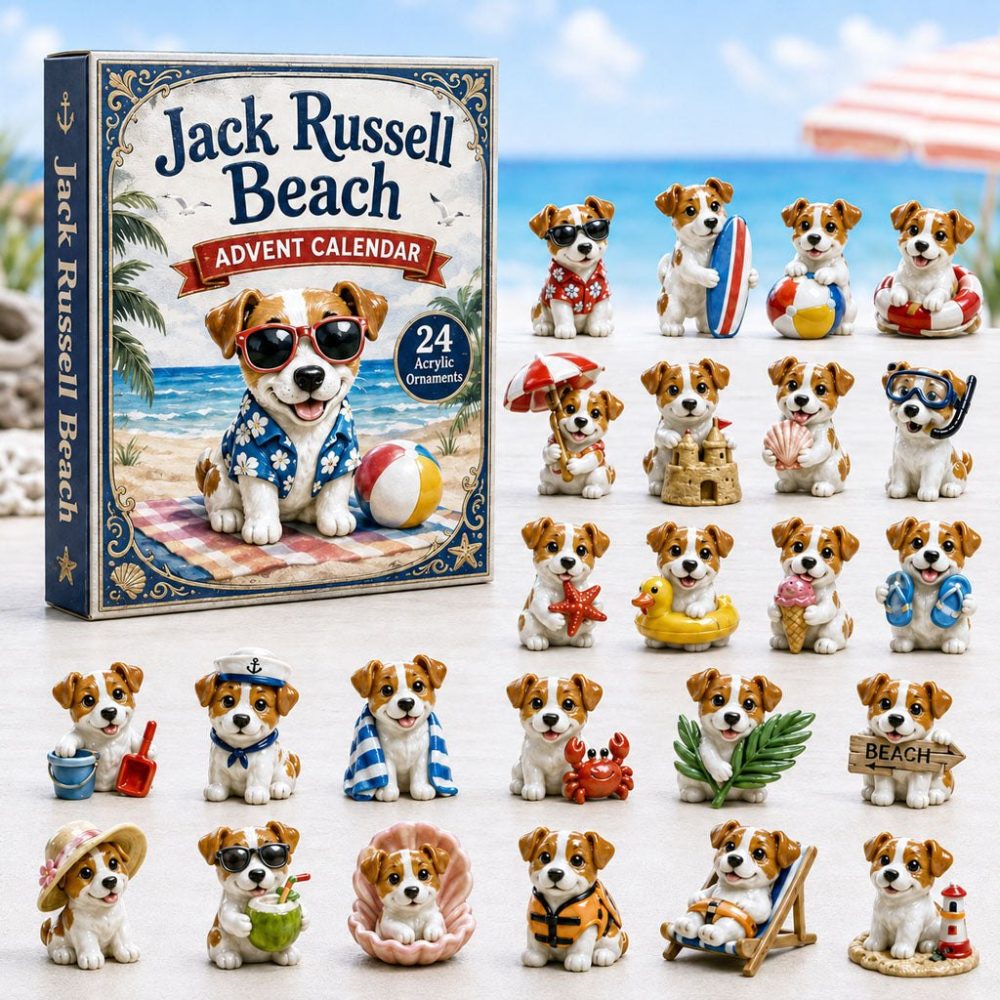 Jack Russell Beach 2026 Advent Calendar — 24 Acrylic Charms, Sunny Coastal Dog Countdown Gift For Pup Lovers