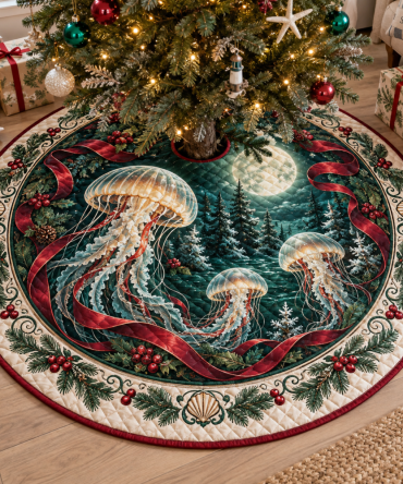 Jellyfish Heritage Quilted Christmas Tree Skirt — 48" Round Premium Coastal Holiday Decor, Plush Lining, Machine-Washable, Gift-Ready