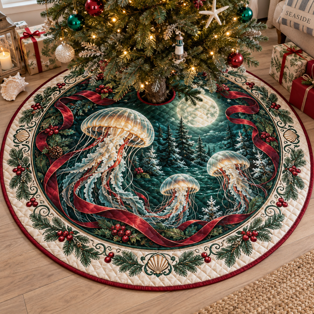 Jellyfish Heritage Quilted Christmas Tree Skirt — 48" Round Premium Coastal Holiday Decor, Plush Lining, Machine-Washable, Gift-Ready