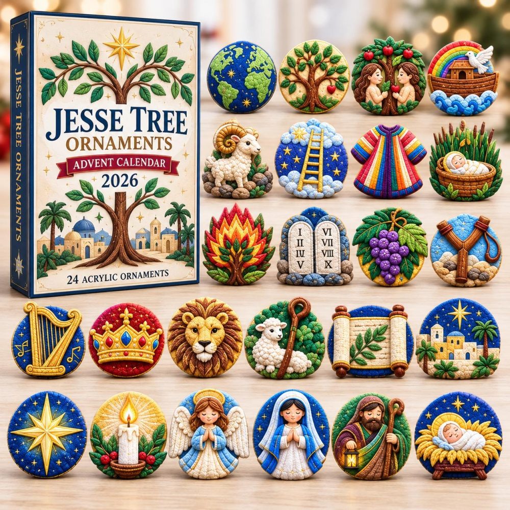 Jesse Tree Faith Journey 24-Door Devotional Countdown With Acrylic Symbol Charms — Family Advent Devotional & Ornament Kit