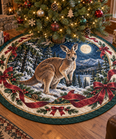 Rustic Quilted Kangaroo Holiday Tree Skirt — Charming Kangaroo Print Christmas Tree Skirt, Soft Patchwork, Machine-Washable Cozy Accent