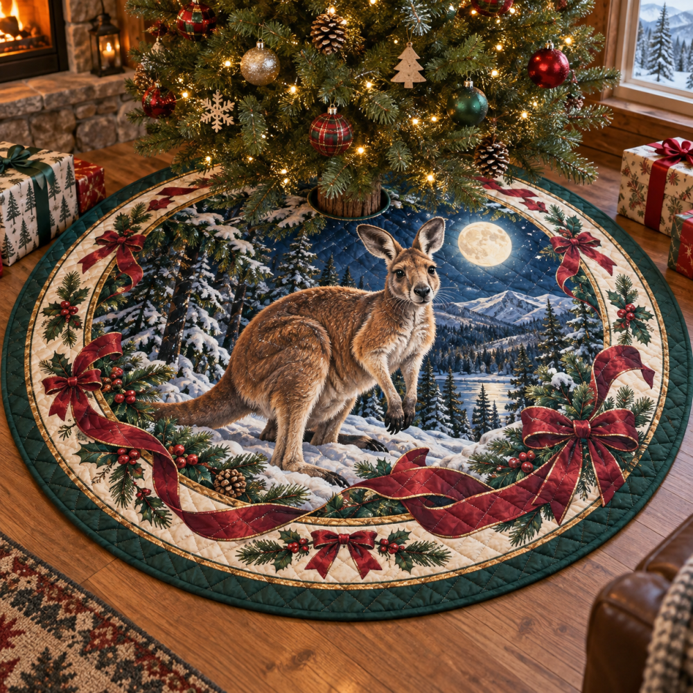 Rustic Quilted Kangaroo Holiday Tree Skirt — Charming Kangaroo Print Christmas Tree Skirt, Soft Patchwork, Machine-Washable Cozy Accent