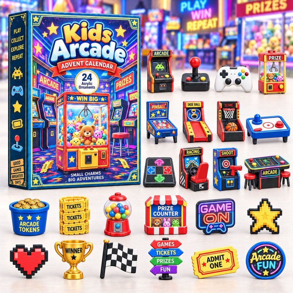 Kids Arcade Holiday Countdown 2026 - 24 Retro Game Acrylic Charms, Reusable Gamer-Themed Advent Calendar & Gift
