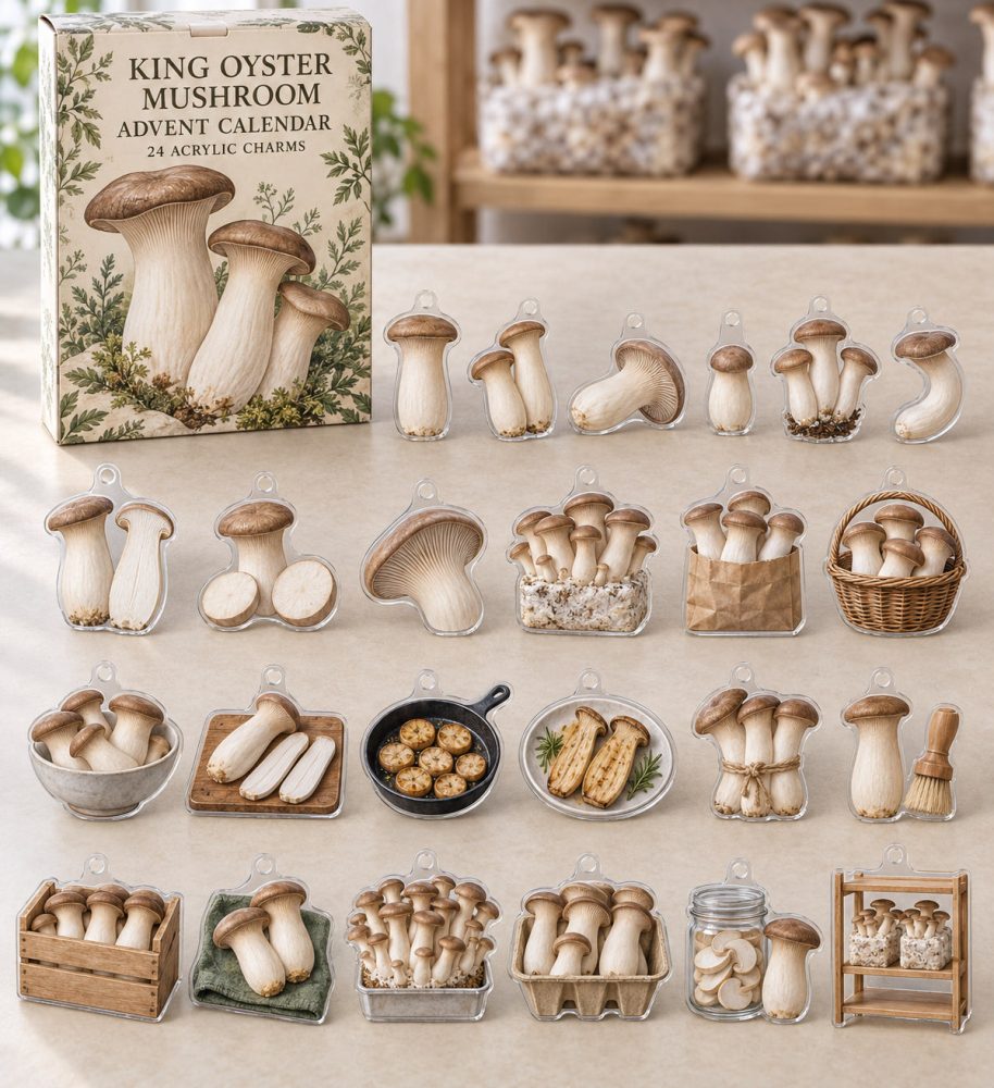 Mushroom Charm Countdown — 24 King Oyster Acrylic Charms Holiday Advent Set, Cute Fungi Gifts For Plant Lovers