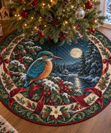 Kingfisher Quilted Christmas Tree Skirt — Vibrant Blue-Green Bird Pattern, Plush Cotton, Reversible Holiday Centerpiece
