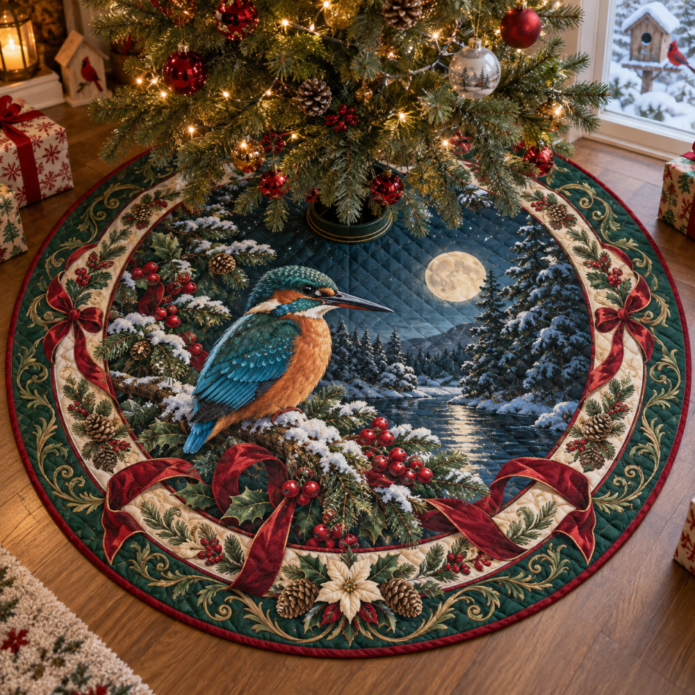 Kingfisher Quilted Christmas Tree Skirt — Vibrant Blue-Green Bird Pattern, Plush Cotton, Reversible Holiday Centerpiece