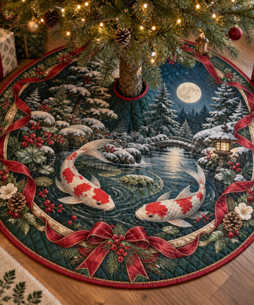 Koi Fish Heritage Quilted Christmas Tree Skirt — 48" Round Premium Coastal Holiday Decor, Plush Lining, Machine-Washable, Gift-Ready