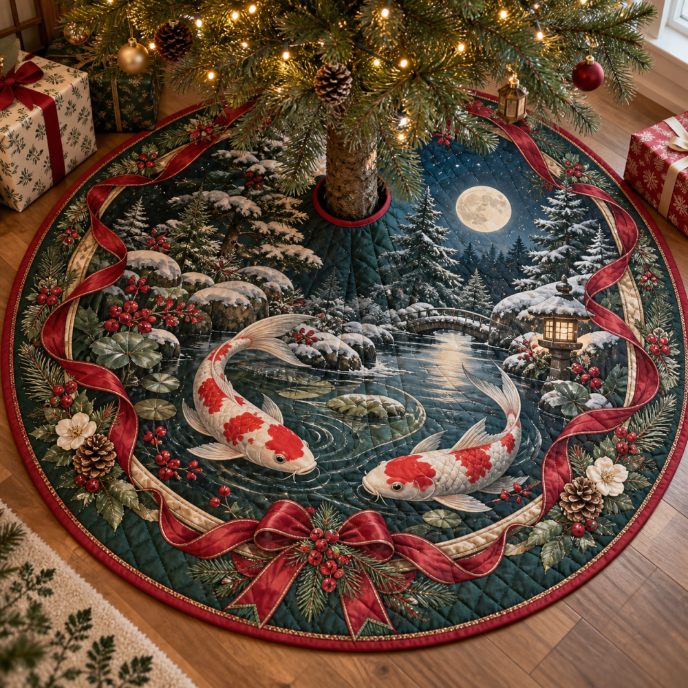 Koi Fish Heritage Quilted Christmas Tree Skirt — 48" Round Premium Coastal Holiday Decor, Plush Lining, Machine-Washable, Gift-Ready