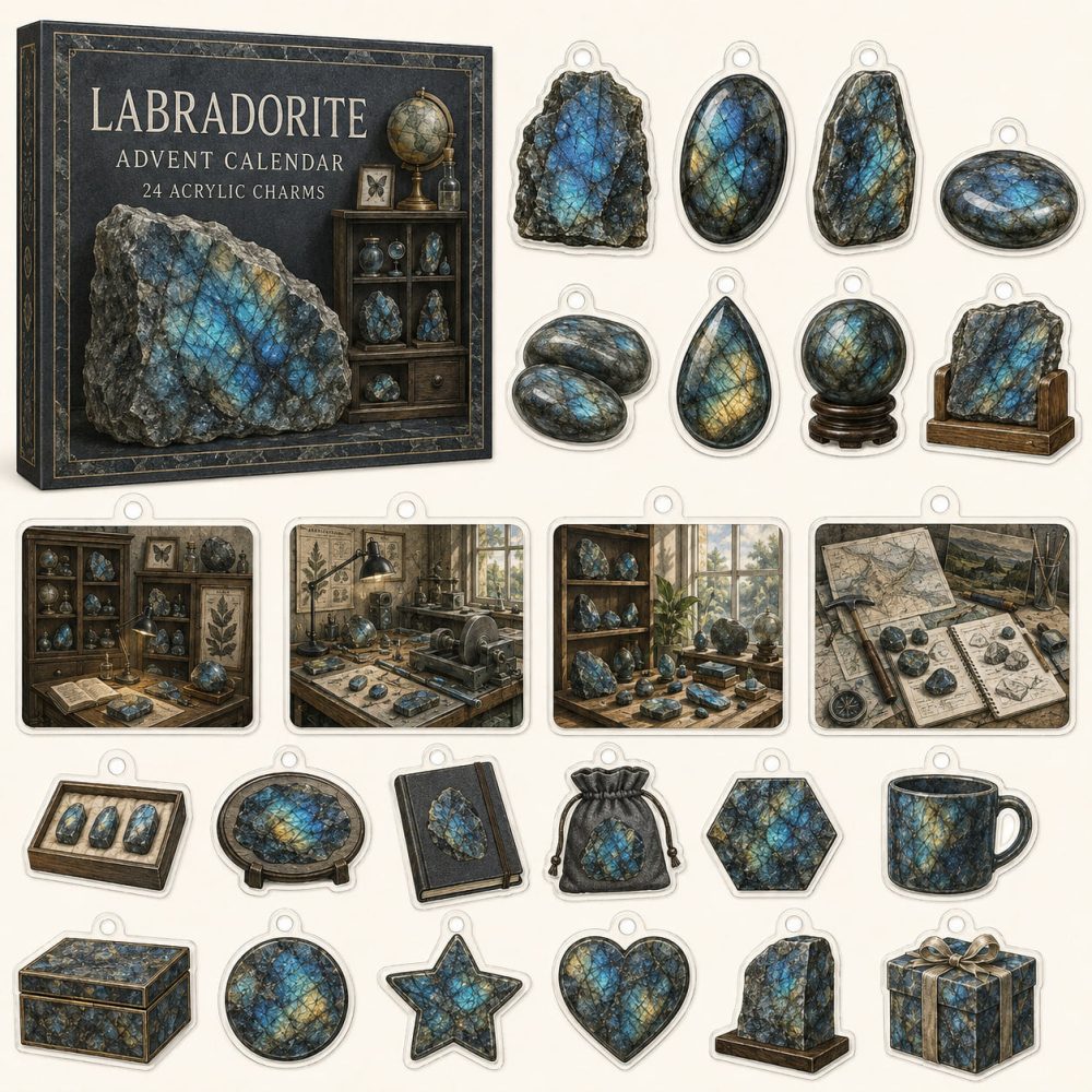 Labradorite 24-Day Charm Countdown — 24 Acrylic Labradorite-Style Charms In Gift Advent Box For Energy, Jewelry & Crafts
