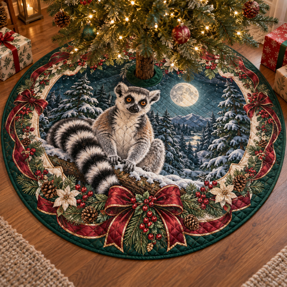 Adorable Quilted Lemur Holiday Tree Skirt — Playful Lemur Print Christmas Tree Skirt, Soft Patchwork, Machine-Washable Accent For Cozy Homes