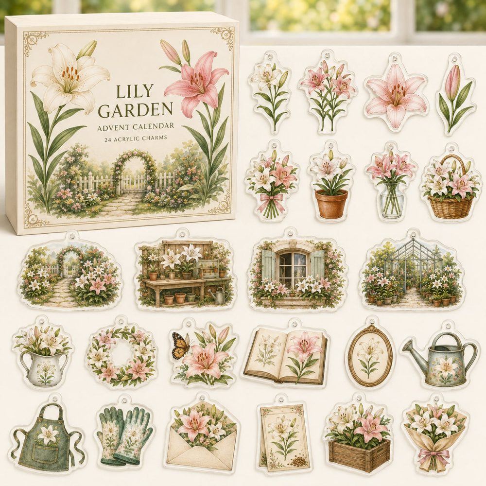 Lily Floral Holiday Countdown Collection — 24 Elegant Acrylic Lily Charms, Botanical Advent Set & Gift For Flower Lovers And Crafters
