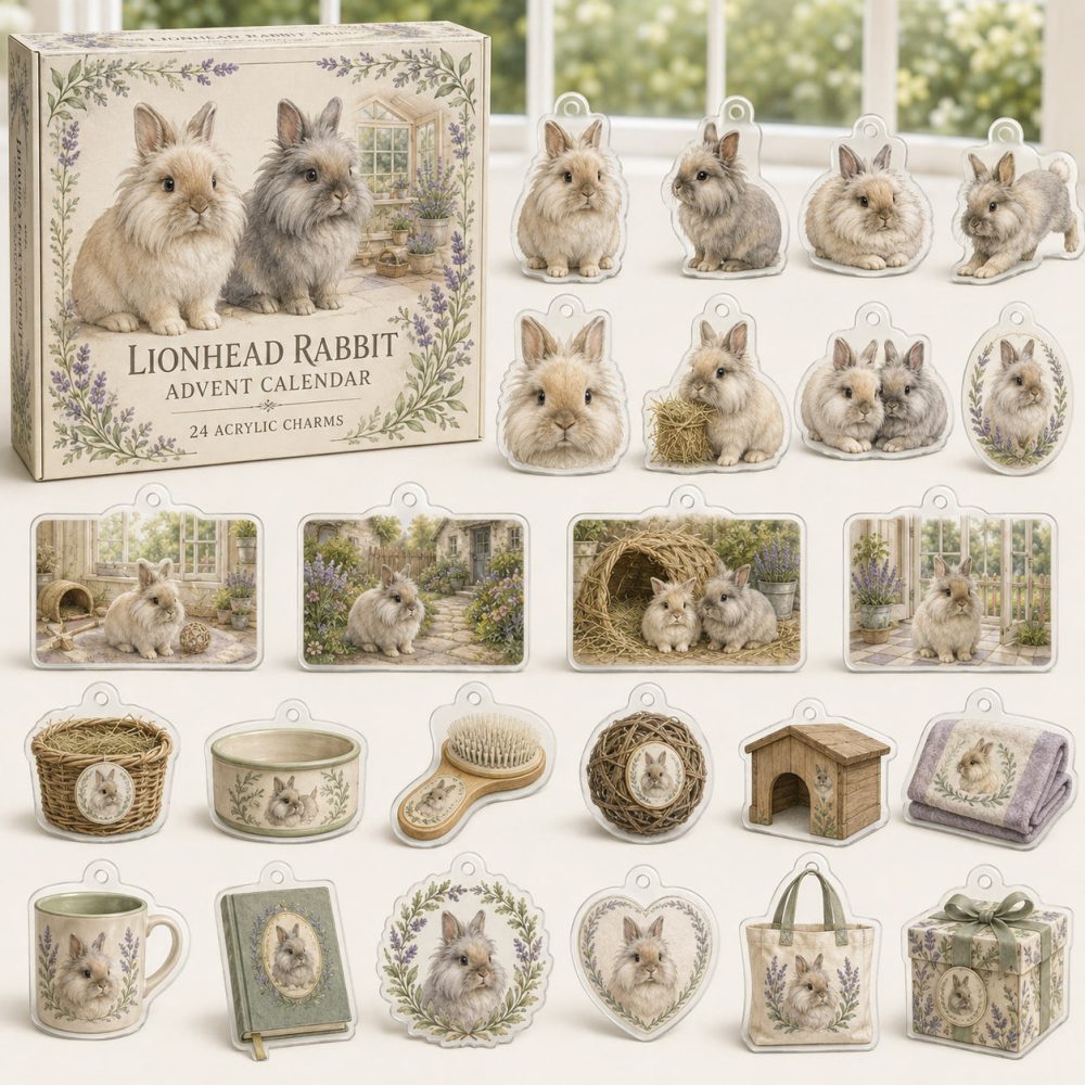 Lionhead Rabbit 24-Day Holiday Charm Calendar - Acrylic Bunny Miniatures For Lionhead Fans , Festive Countdown Gift & Collectible Set