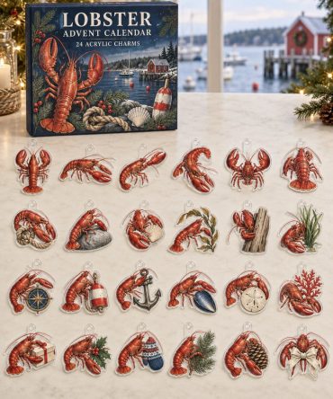 Lobster Holiday Advent Calendar Box — 24 Handcrafted Acrylic Lobster Charms, Nautical Countdown Gift For Seafood Lovers & Collectors