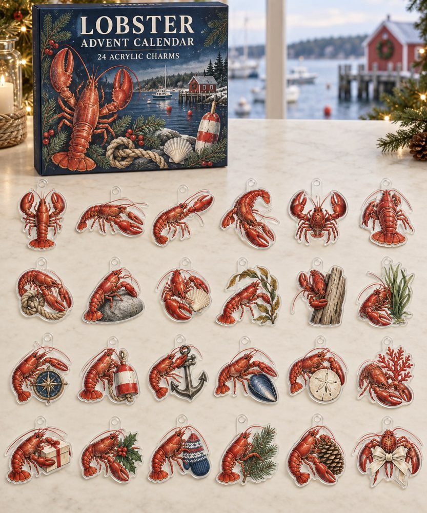 Lobster Holiday Advent Calendar Box — 24 Handcrafted Acrylic Lobster Charms, Nautical Countdown Gift For Seafood Lovers & Collectors