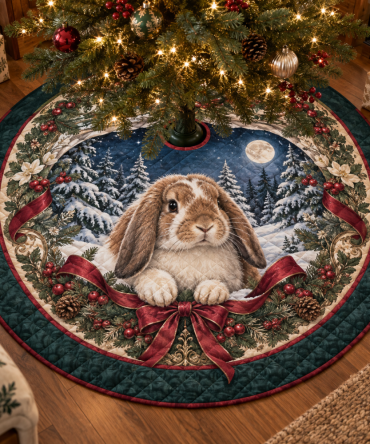 Lop-Eared Rabbit Holiday Tree Skirt — Soft Quilted, Reversible Christmas Mat With Cute Bunny Illustration, Easy-Care & Gift-Ready