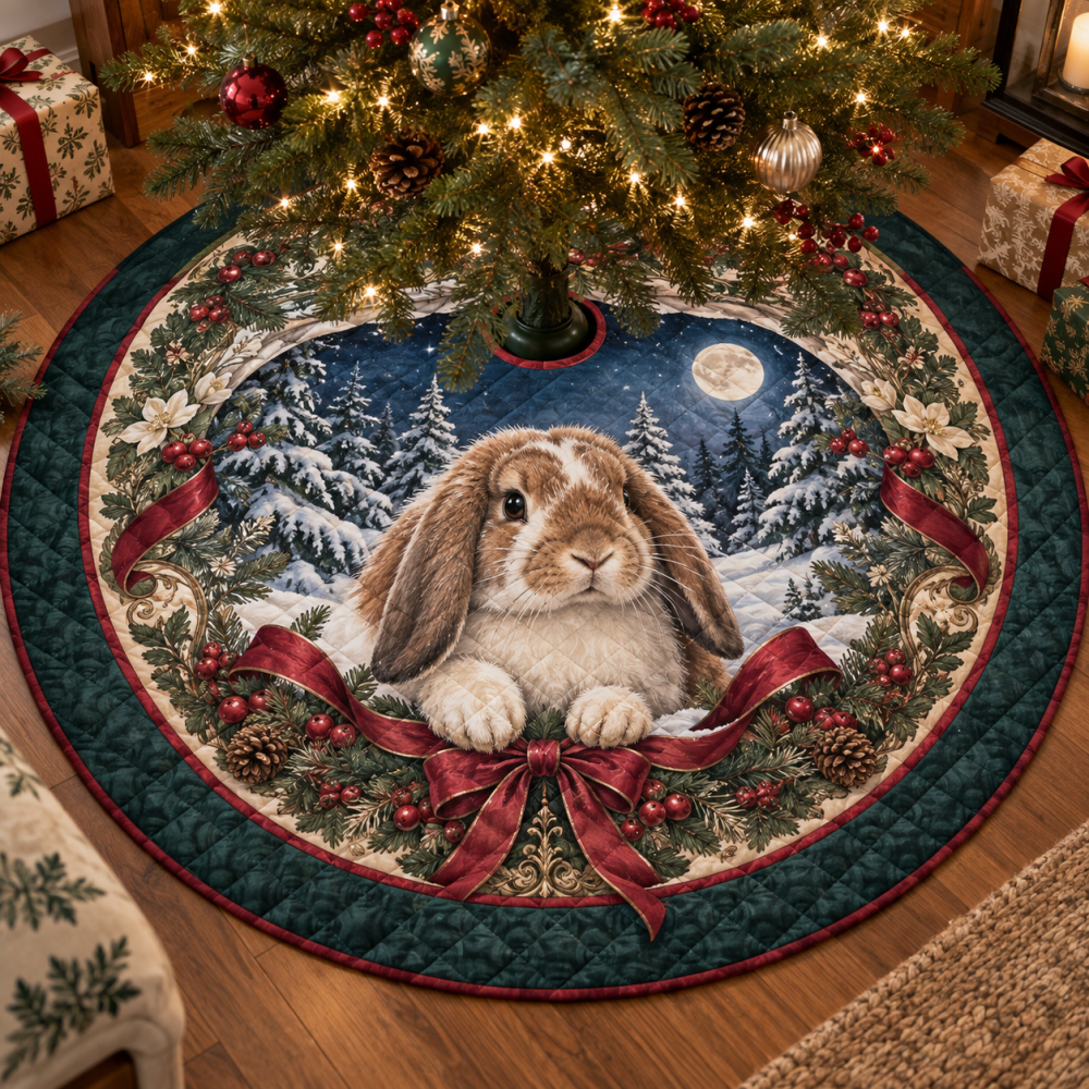 Lop-Eared Rabbit Holiday Tree Skirt — Soft Quilted, Reversible Christmas Mat With Cute Bunny Illustration, Easy-Care & Gift-Ready