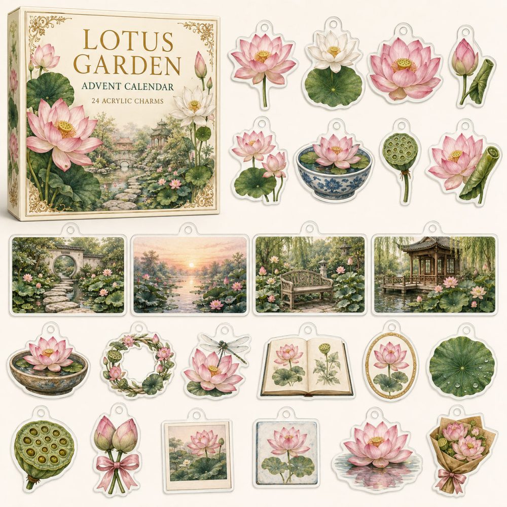 24-Day Acrylic Charm Countdown Featuring Lotus Flower Art — Serene Floral Charm Set, Ideal Gift For Yoga, Meditation & Garden Fans