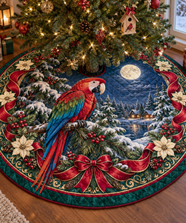 Macaw Quilted Festive Tree Skirt — Bold Tropical Parrot Colors, Reversible, Durable Quilting, Holiday Room Focal Point, Machine Washable