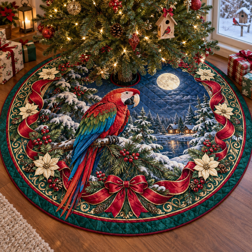 Macaw Quilted Festive Tree Skirt — Bold Tropical Parrot Colors, Reversible, Durable Quilting, Holiday Room Focal Point, Machine Washable