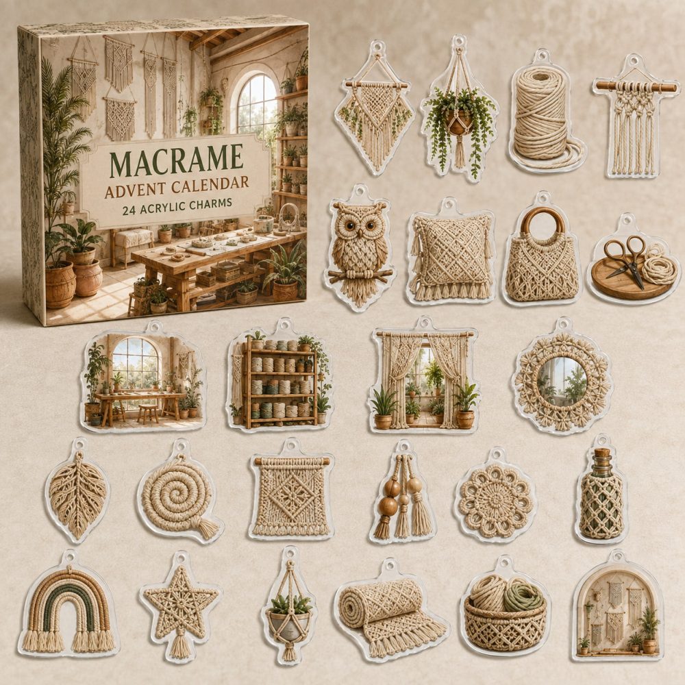 24-Day Macrame Charm Countdown — Acrylic Knots, Fringe & Cord Mini Charms For Fiber Artists, Boho Craft Gift Set