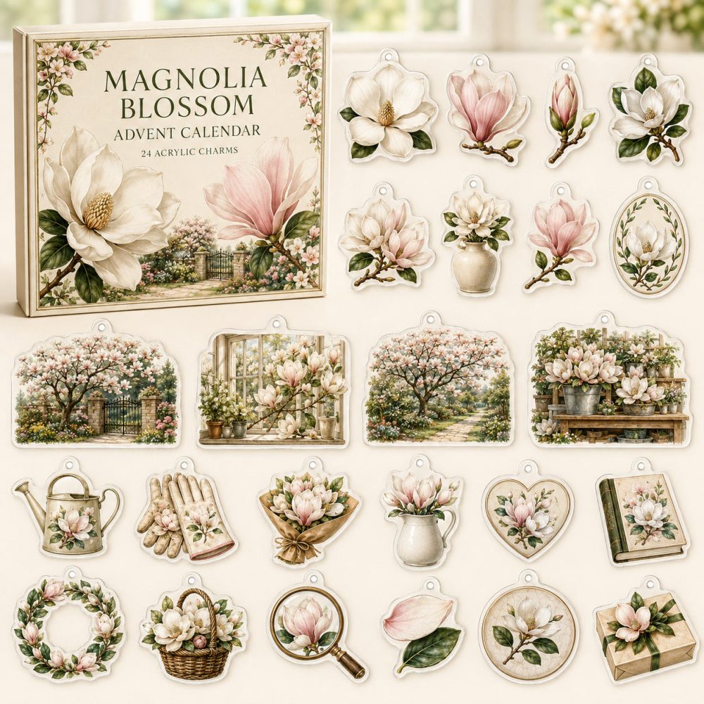 Magnolia Blossom Holiday Countdown Set — 24 Acrylic Magnolia Flower Charms, Elegant Floral Advent Gift For Gardeners & Home Decor Lovers