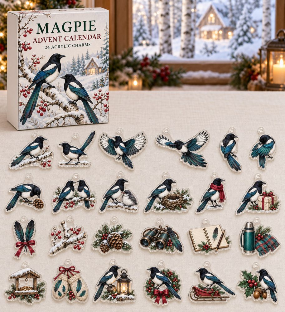 Magpie 24-Charm Bird Advent Calendar - Acrylic Charms, Black-And-White Feather Wildlife Countdown For Christmas 2026